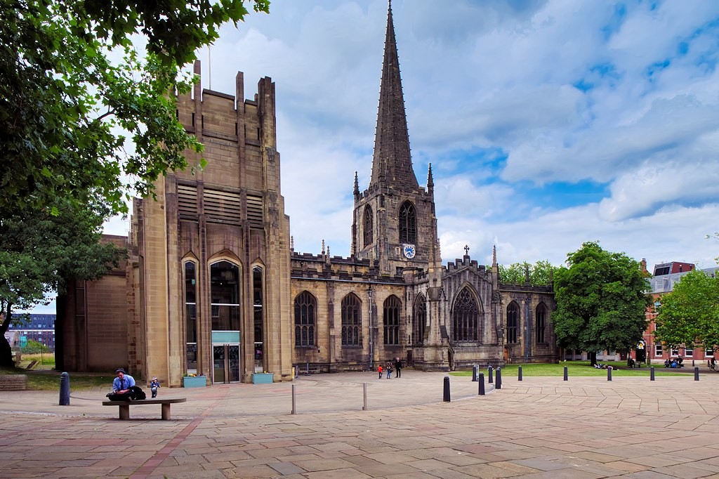 Sheffield Cathedral viewed from the surrounding city-centre streets
